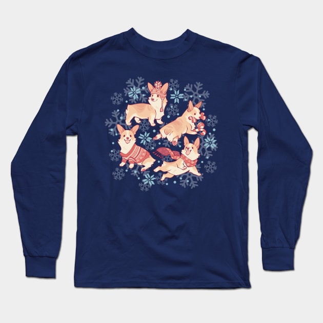 Winter corgis in blue Long Sleeve T-Shirt by Colordrilos